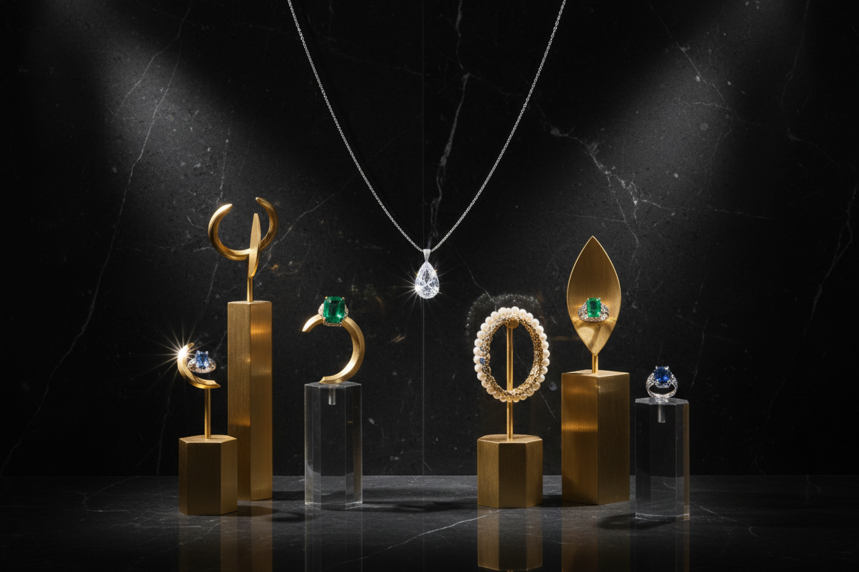 Show me an image with a black wall background with jewels on stand